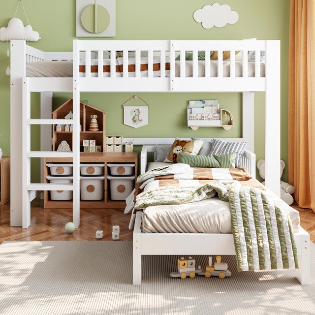 Litera alta infantil blanca 2x90x200cm combinable con cama individual, múltiples configuraciones, cama 2 plazas protección anticaídas, madera maciza