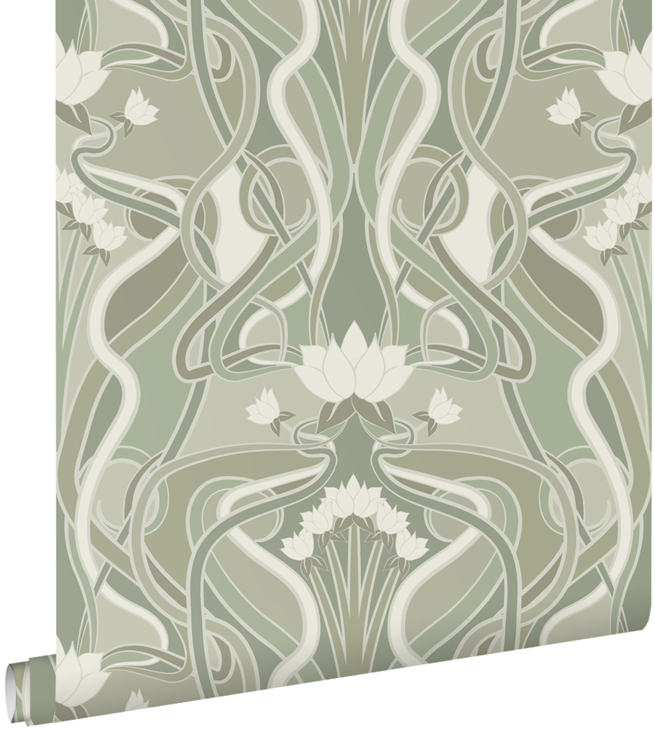 Papel pintado flores vintage en estilo art nouveau verde grisáceo claro - 50 x 900 cm - estahome