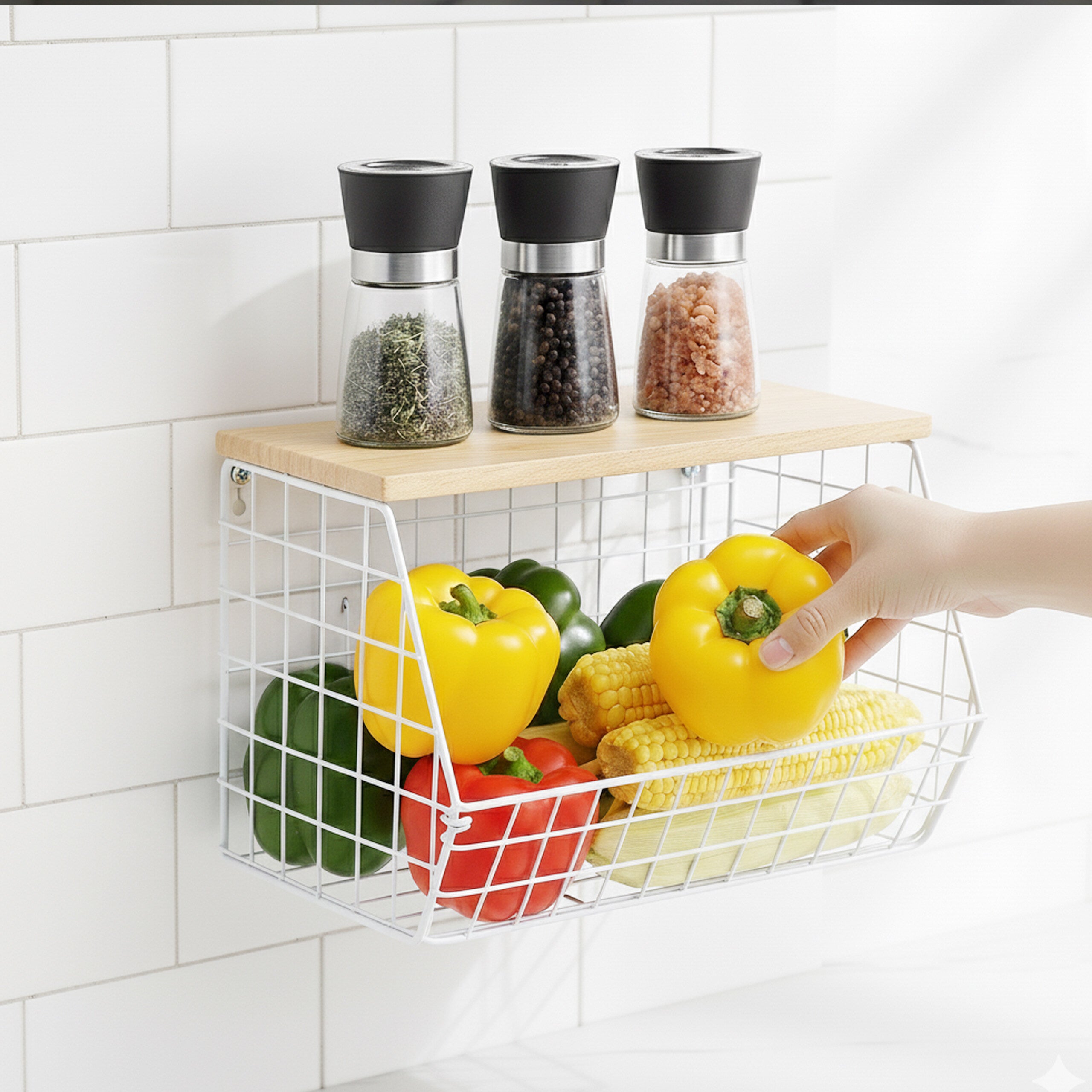 Cestino Frutta Da Parete Relaxdays In Metallo Bianco | Con Ripiano In Legno, 22x30x20 Cm | Organizer Cucina, Bagno, Ufficio