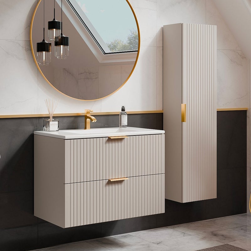 Wisząca szafka łazienkowa z prążkowaną fakturą, z wpuszczaną umywalką i słupkiem – kolor beżowy – 80 cm – ZEVARA