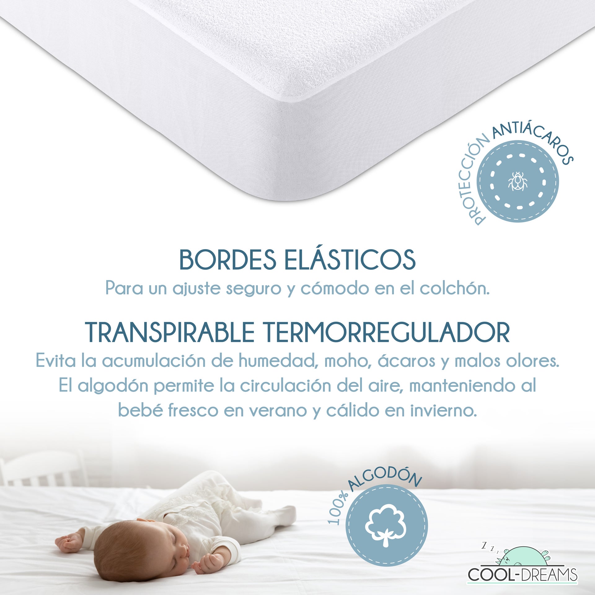 Protector de colchón para cuna 120x60 100% algodón e impermeable, hipoalergénico, anti-bacteriano y anti-acaros Fabricado 100% en España - 4
