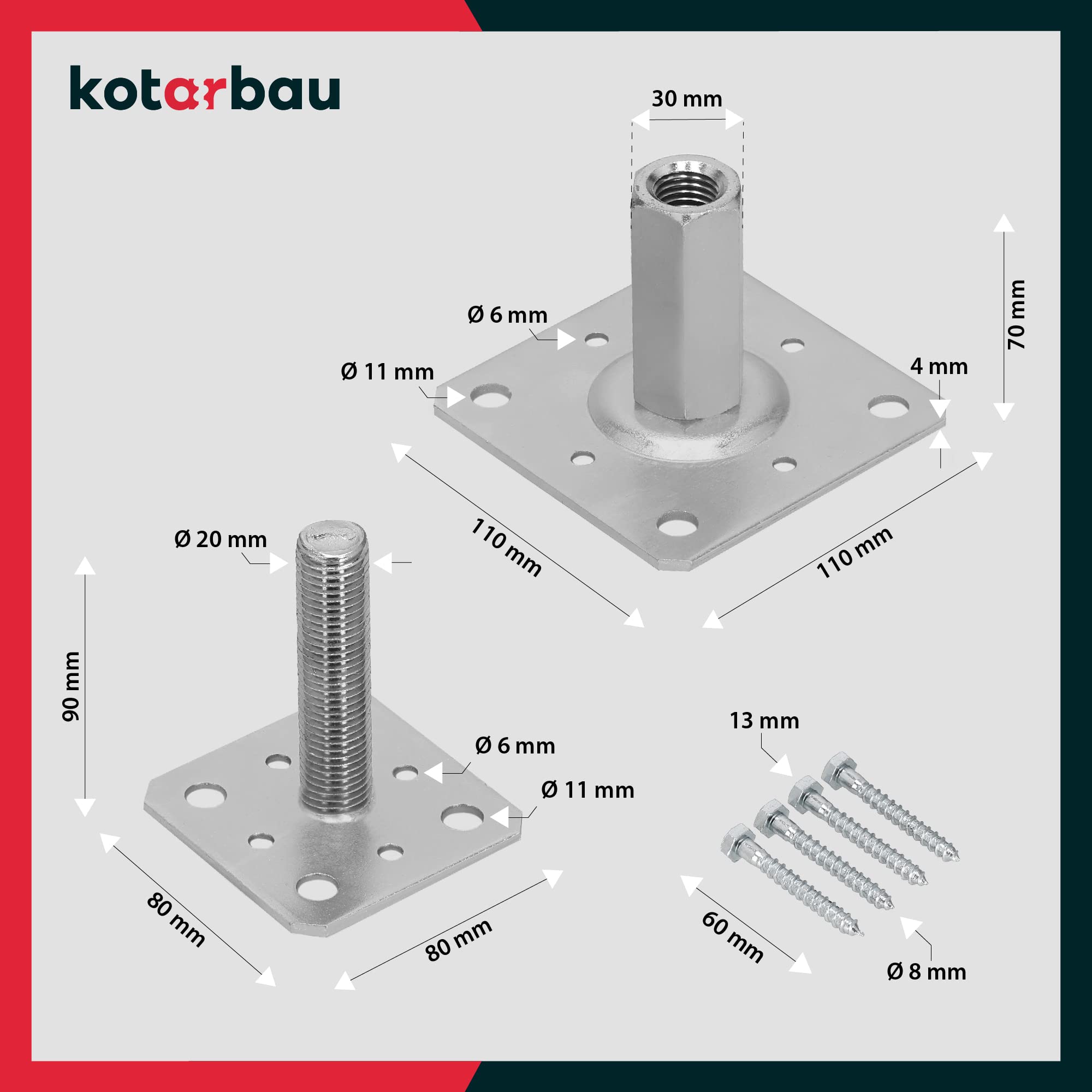 Pied Réglable - Support de Poteau - Acier Galvanisé - 80 x 80 mm - Argent - Pied de Poteau Reglable - 90 - 150 mm KOTARBAU - 5
