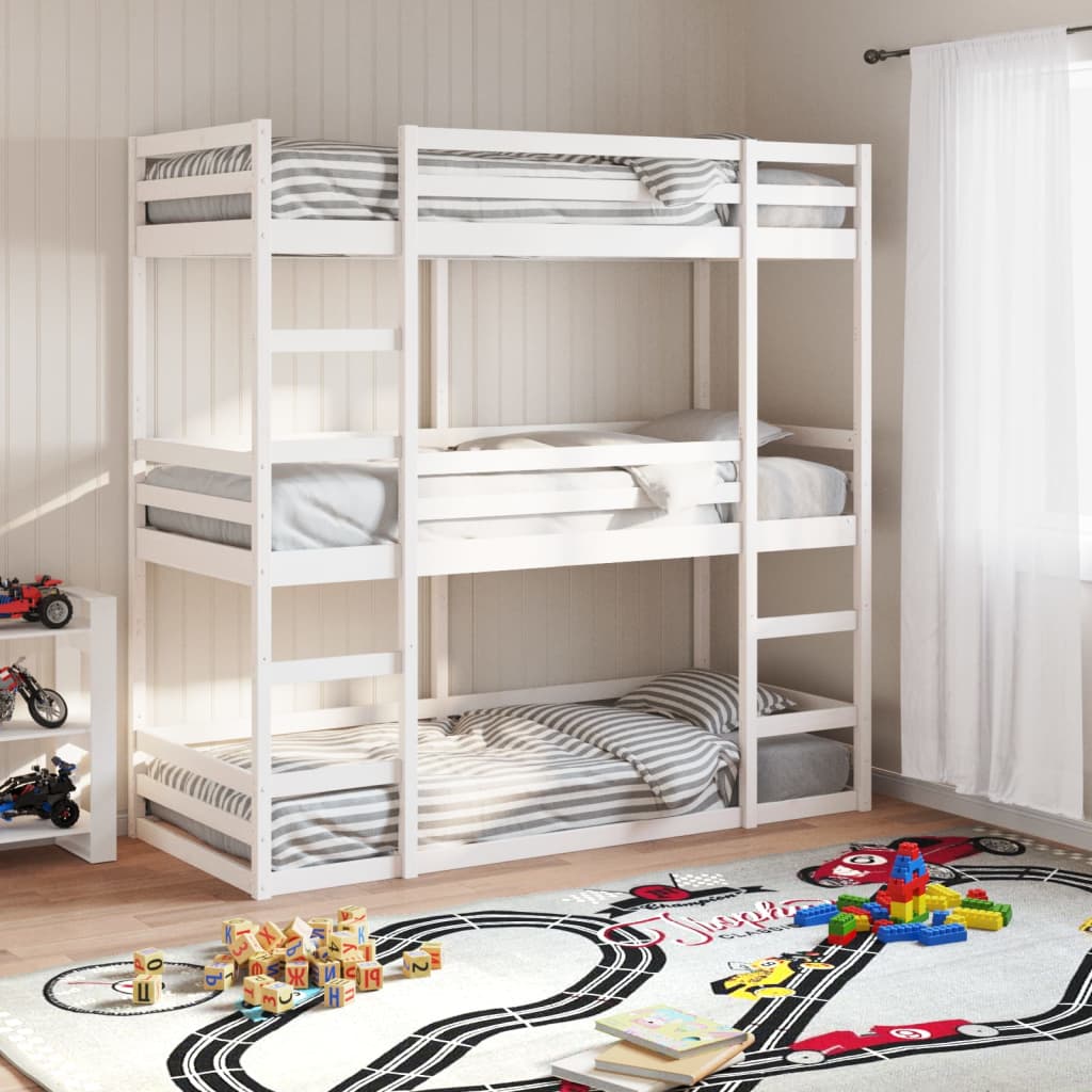 Letto A Castello Triplo 90x190 Cm – In Legno Massello, Con Ringhiere Di Sicurezza E Doppia Scala, Bianco/naturale