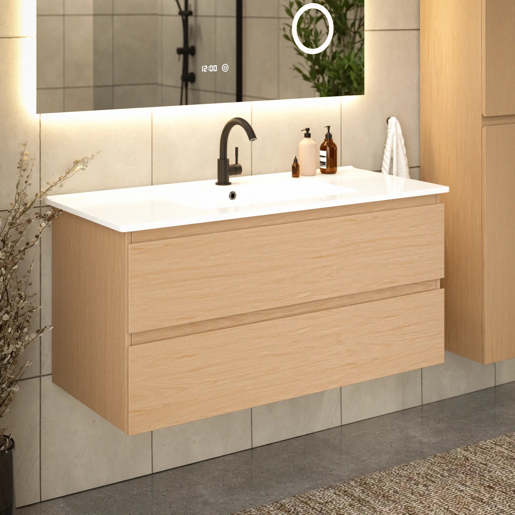Mirlux Meuble vasque Mirlux Varo - 100 x 46 x 50 cm - Chêne clair - Vasque blanche incluse - 2