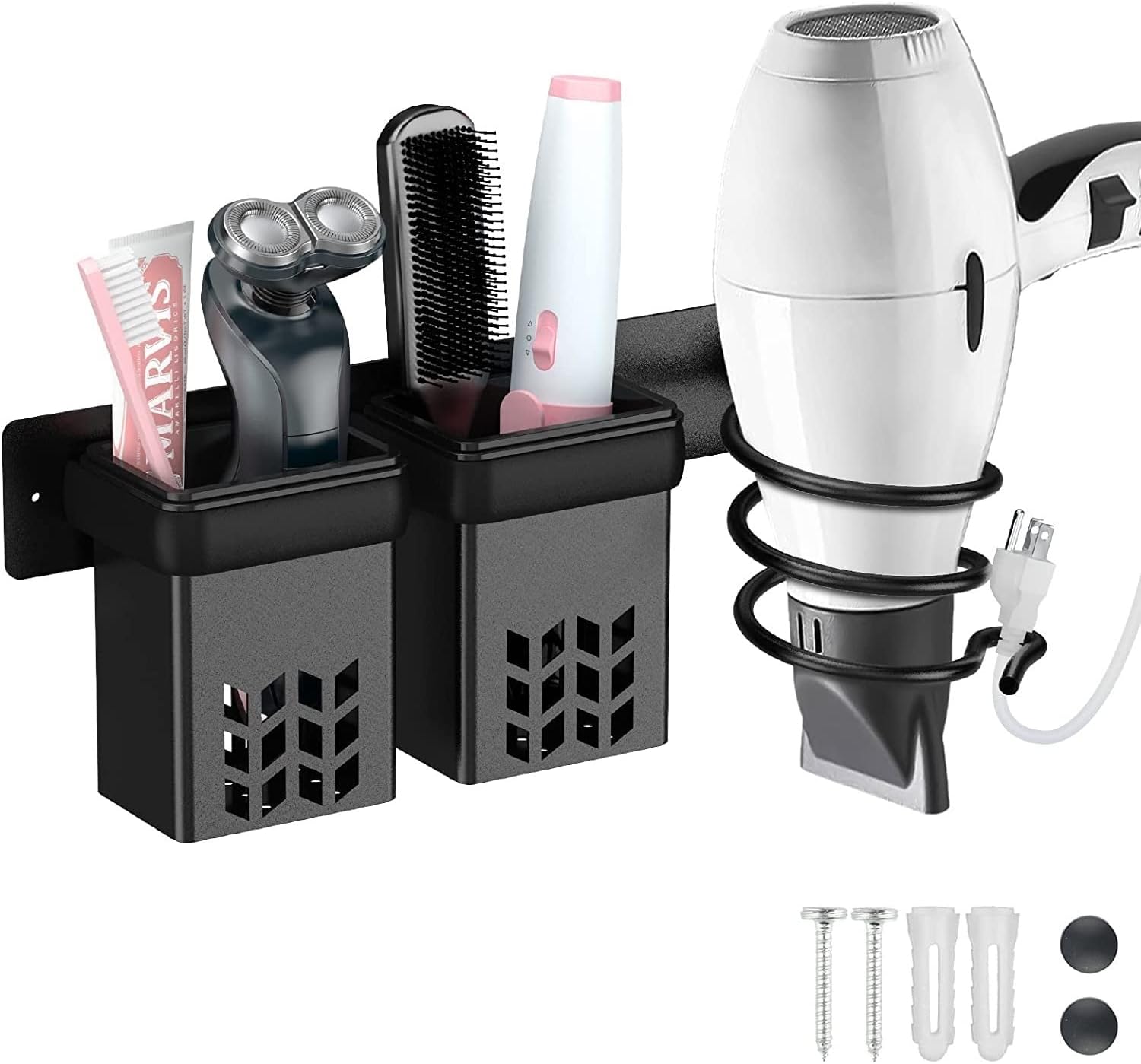 Supporto A Parete Per Asciugacapelli 3 In 1 Nero – Organizer In Alluminio Per Bagno Con Spirale Per Piastre E Ferri