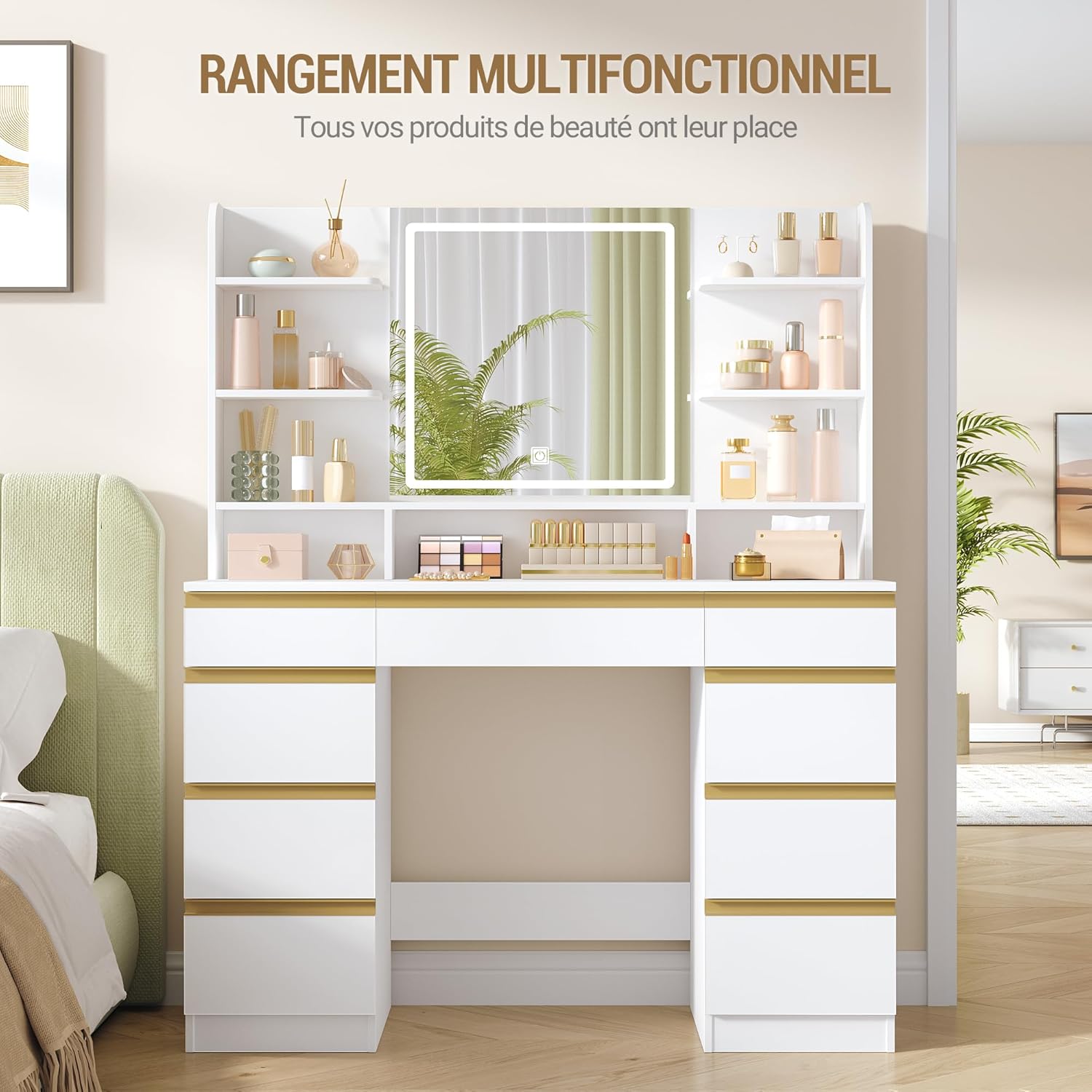 Grande Coiffeuse avec Éclairage LED, 3 Couleurs, Luminosité Réglable, Miroir, 9 Tiroirs, 9 Étagères Ouvertes, Blanc-Or - 4