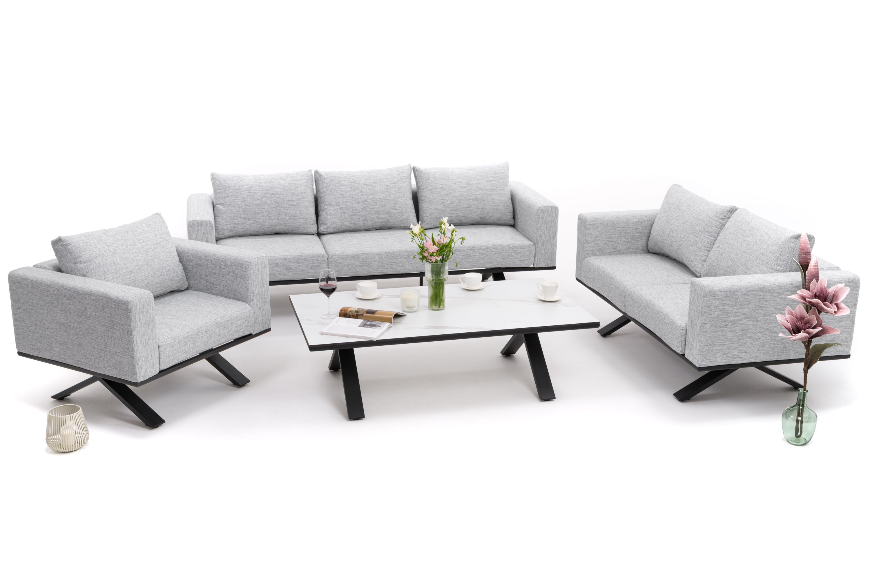 Zestaw mebli ogrodowych fotel sofa kanapa aluminiowy z blatem z płyty HPL MARABELLA szaro biały