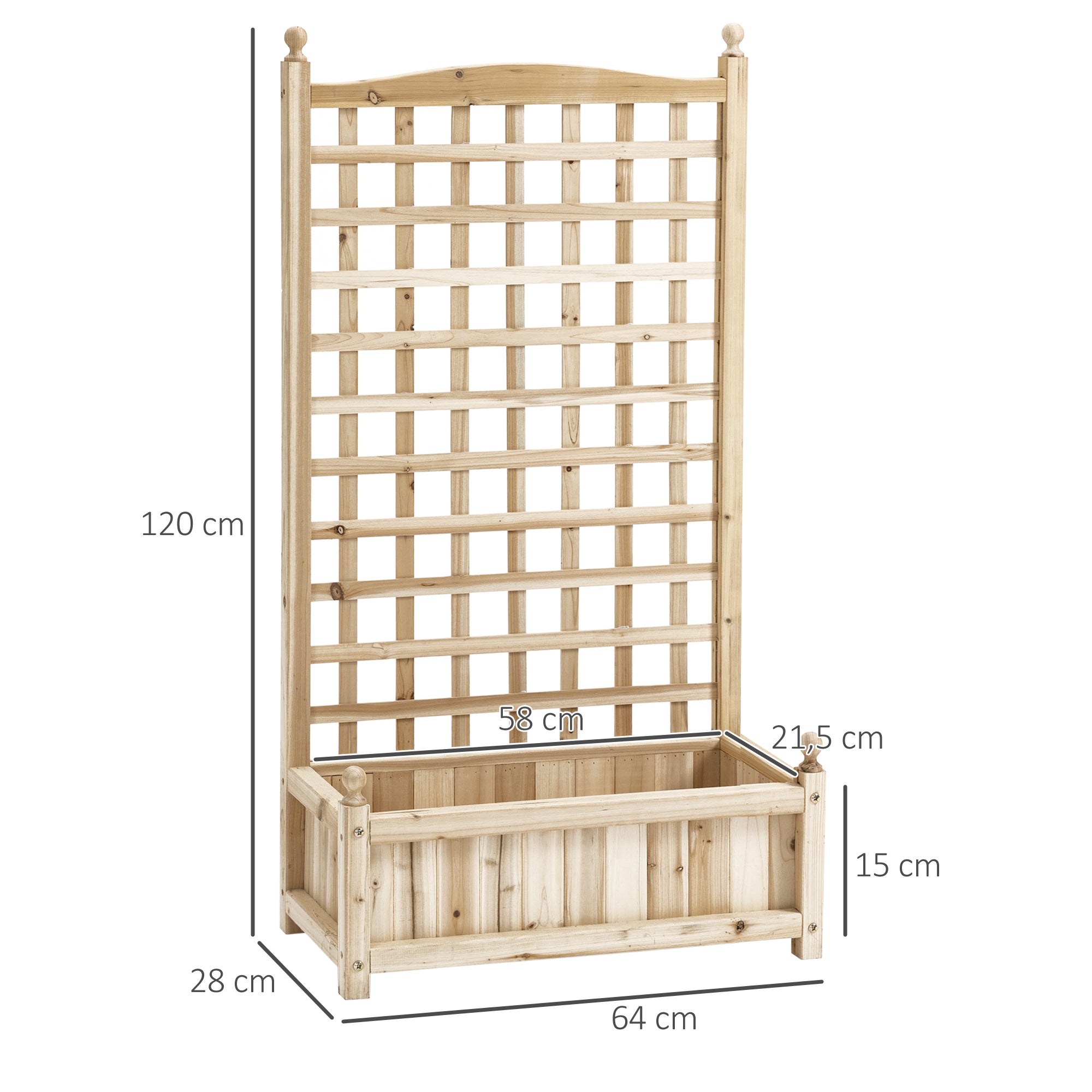 Jardinière surélevée avec treillis, bac à fleurs, support pour plantes grimpantes, arche pour rosiers grimpants, bois de jardin, 64 x 28 x 120 cm - 4