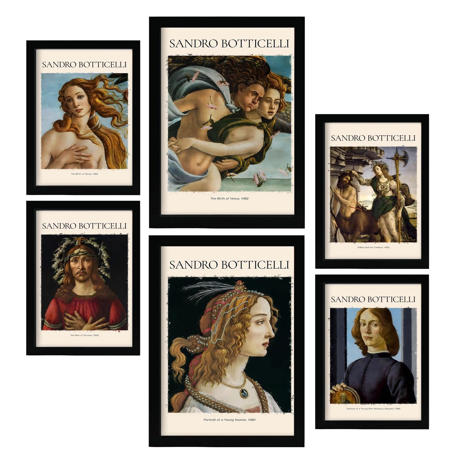 Lámina poster set 6 de sandro boticelli 2 colección de obras de arte cuadros decorativos para tu hogar estampados a4 y a3 con negro marcos marco negro