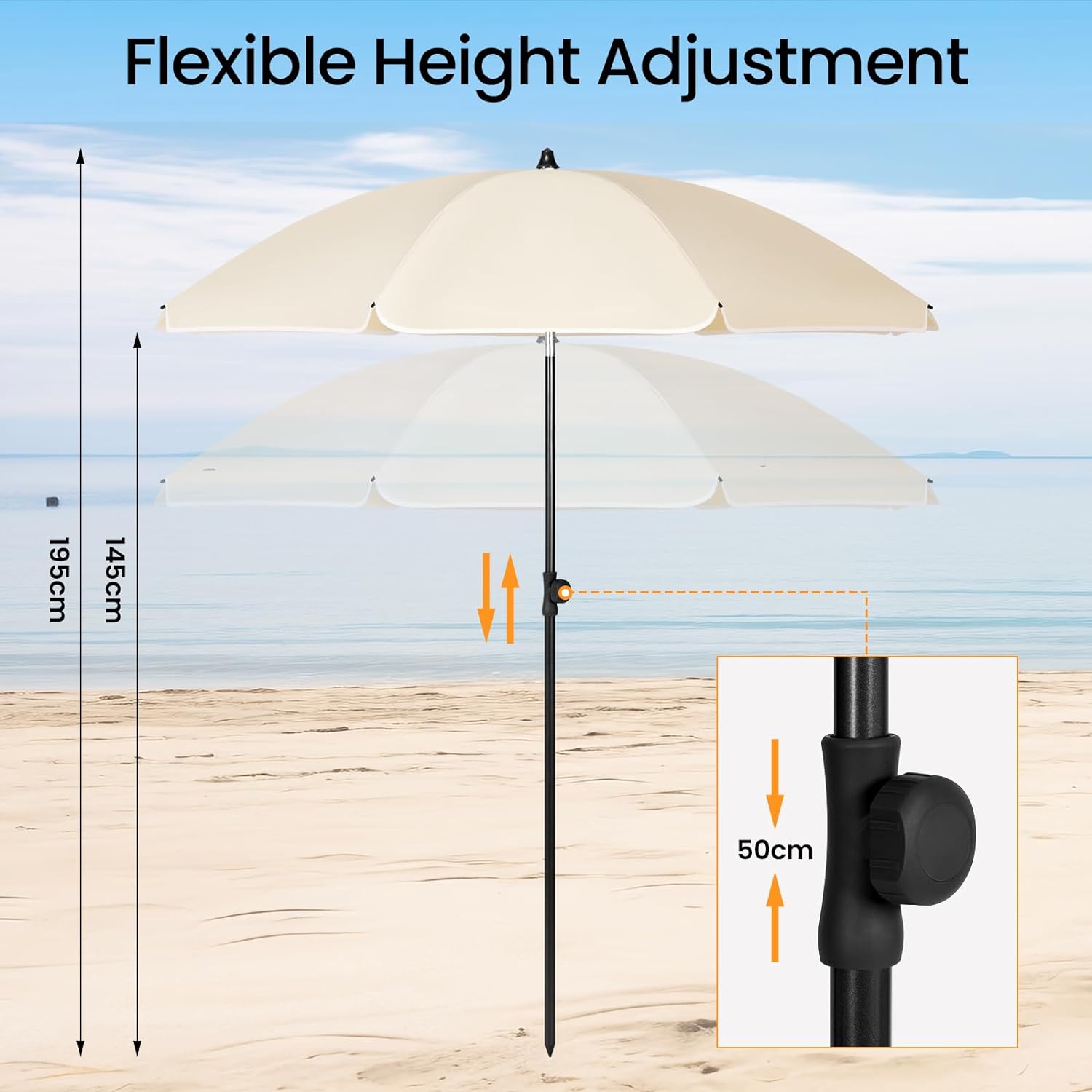 WOLTU Parasol de Jardin Extérieur, Parasol Plage, Hauteur Réglable, Parasol pour Balcon, Terrasse, Plage, Marché, Anti-UV, φ 175 cm Beige - 4