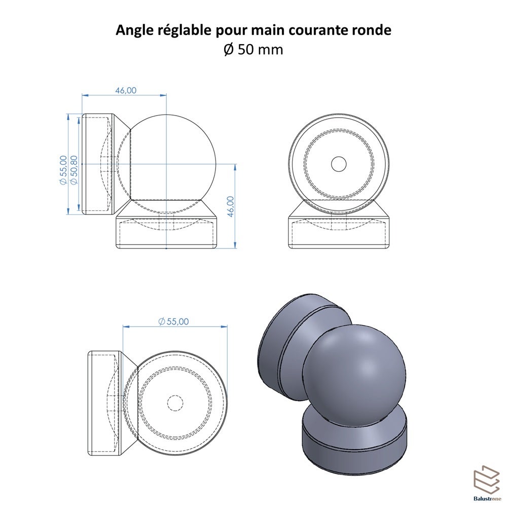 Angle réglable de 90° à 150° pour main courante ronde Ø50 mm - 2