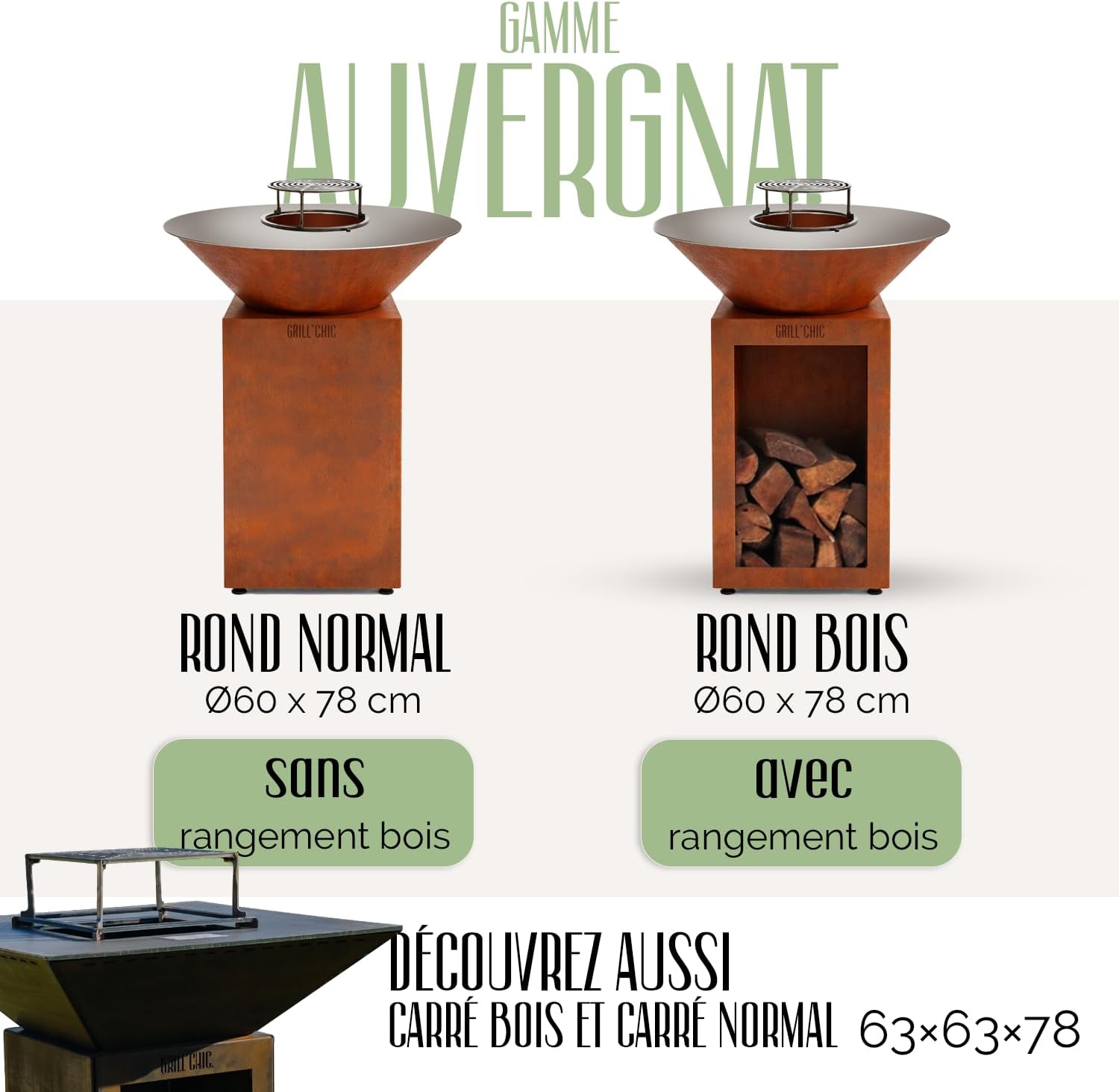 GRILL'CHIC - Pack Privilège Brasero Auvergnat Corten Normal Rond - Simple Cuve - Avec Bâche + Grille + Stop Food Inclus - 6