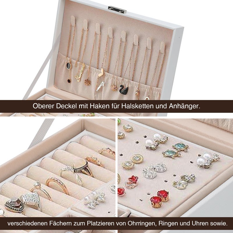 Boîte à bijoux 2 Niveaux en Cuir Imperméable pour Bague Collier Bracelet Montre pour Femme Commode à bijoux Organiseur Verrouillable Weiß - 3
