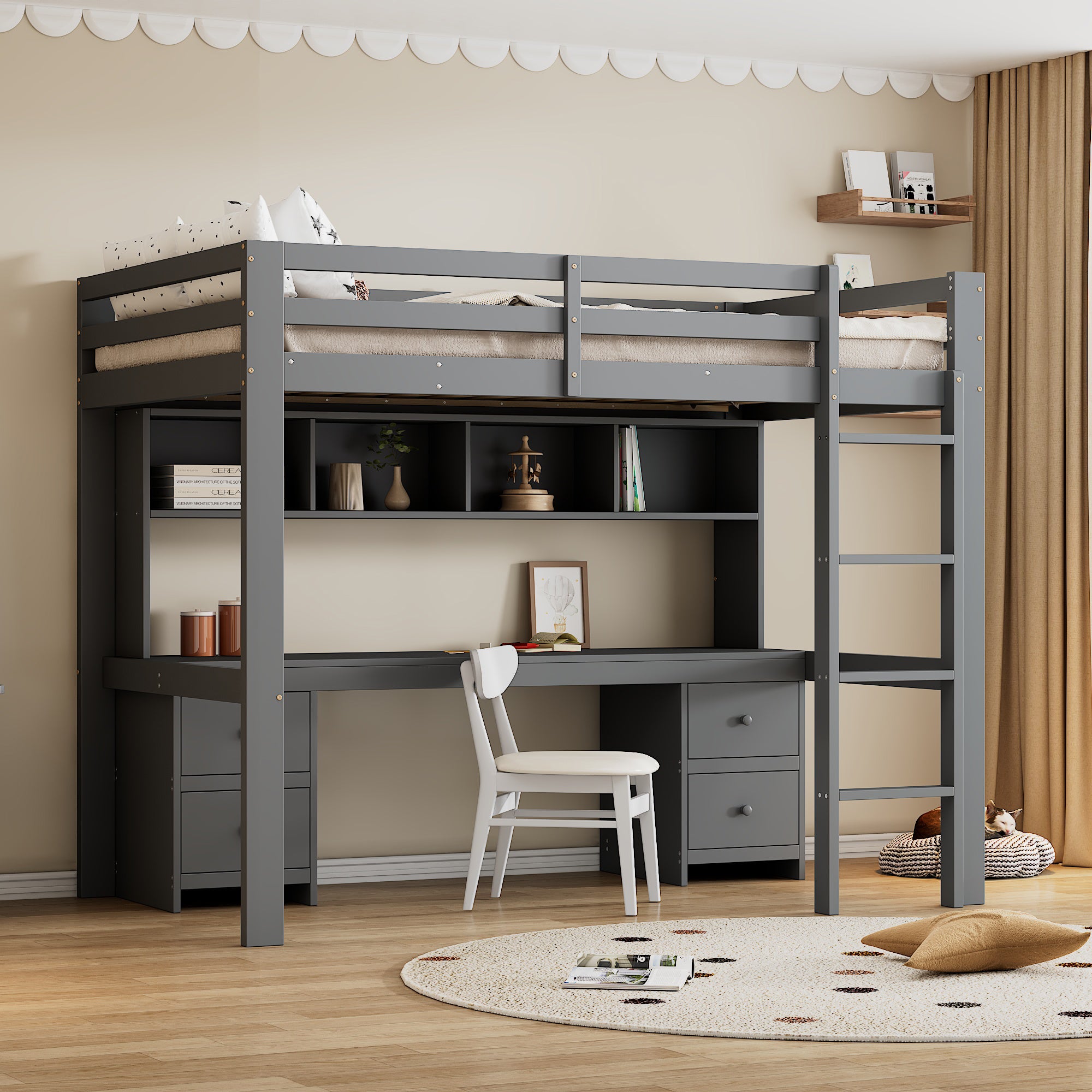 Lit mezzanine 90 x 200 cm avec bureau, rangements et escalier, gris ...