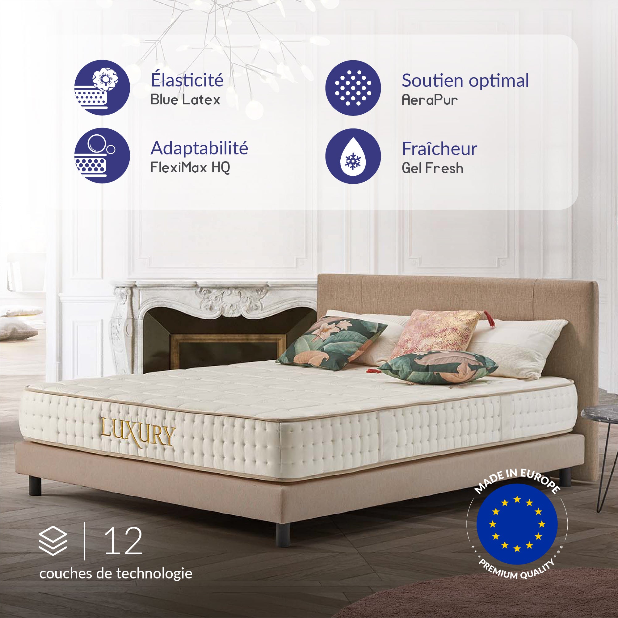 Matelas Luxury 180x200 cm - Multicouches HR - Blue Latex - Confort Premium - Mousse à Mémoire de forme - Épais 26 cm - 7 Zones - Reversible - 2