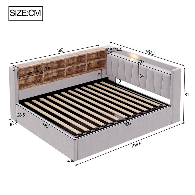 Tapicerowana sofa rozkładana 140 x 200 cm - z oświetleniem LED - z portami ładowania USB + Type-C - jasnoszara (materac nie jest wliczony w cenę) - 3