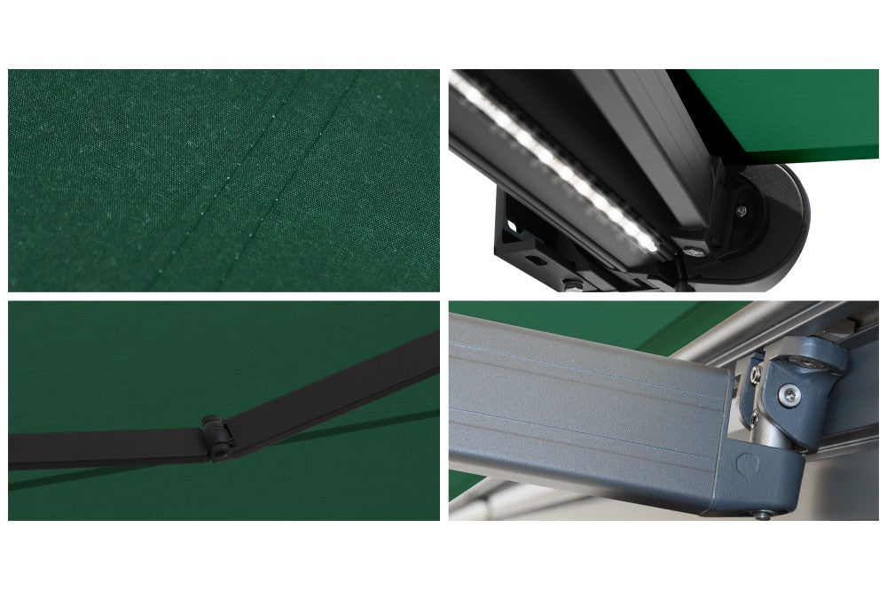 Store banne Coffre intégral PROTECT 2 LED Gris Anthracite 5x3,5m Motorisé à télécommande + Eclairage LED - Toile Verte - 5