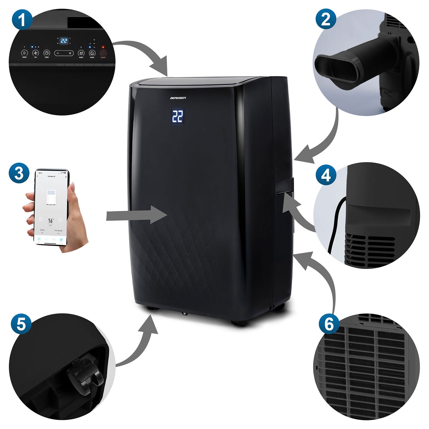 Klimatyzator przenośny z funkcją grzania Berdsen BD-581 4kW osuszacz 34l/24h WiFi czarny - 5