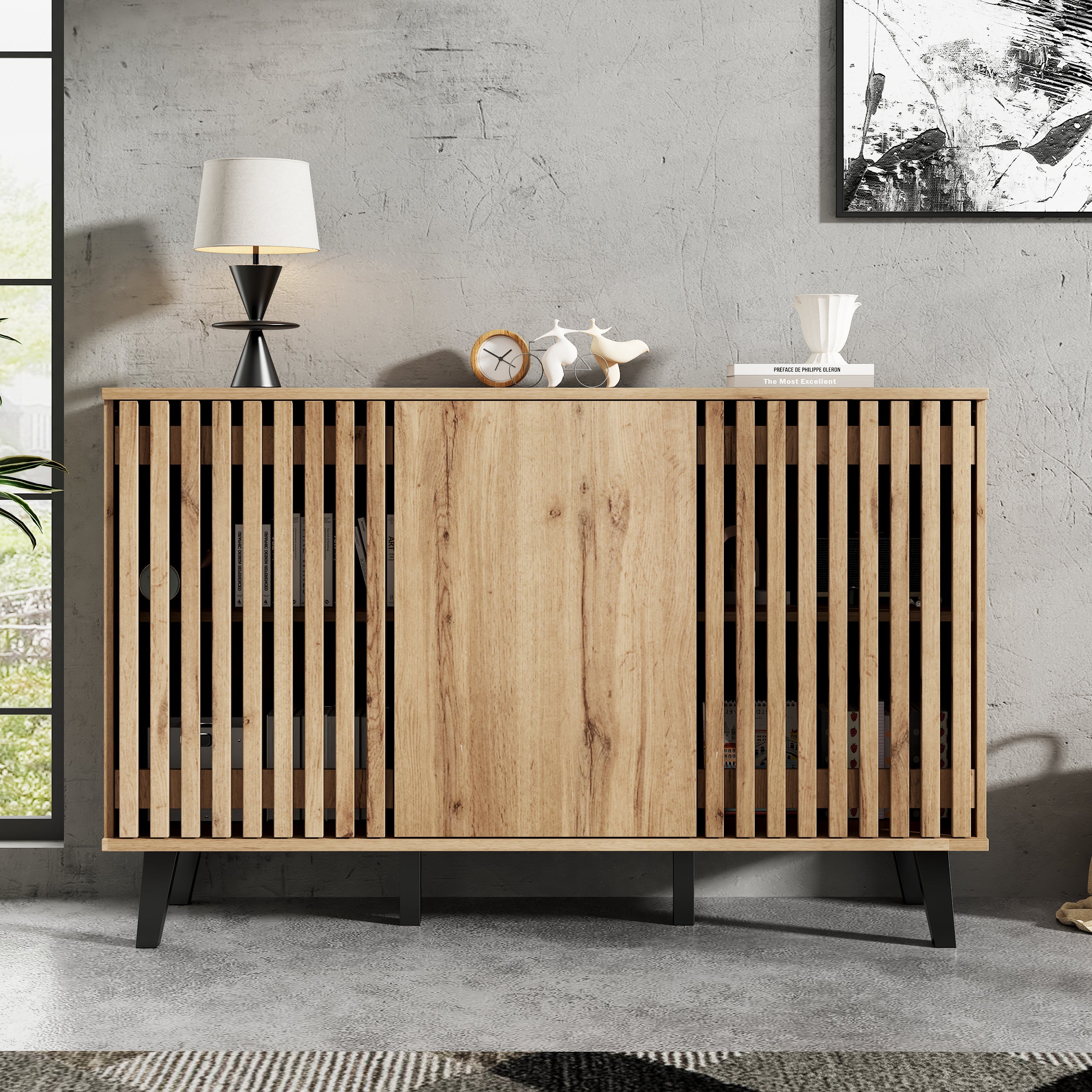 Buffet 150x40x95 cm - 3 portes et 6 compartiments de rangement - Style scandinave - Naturel - 3