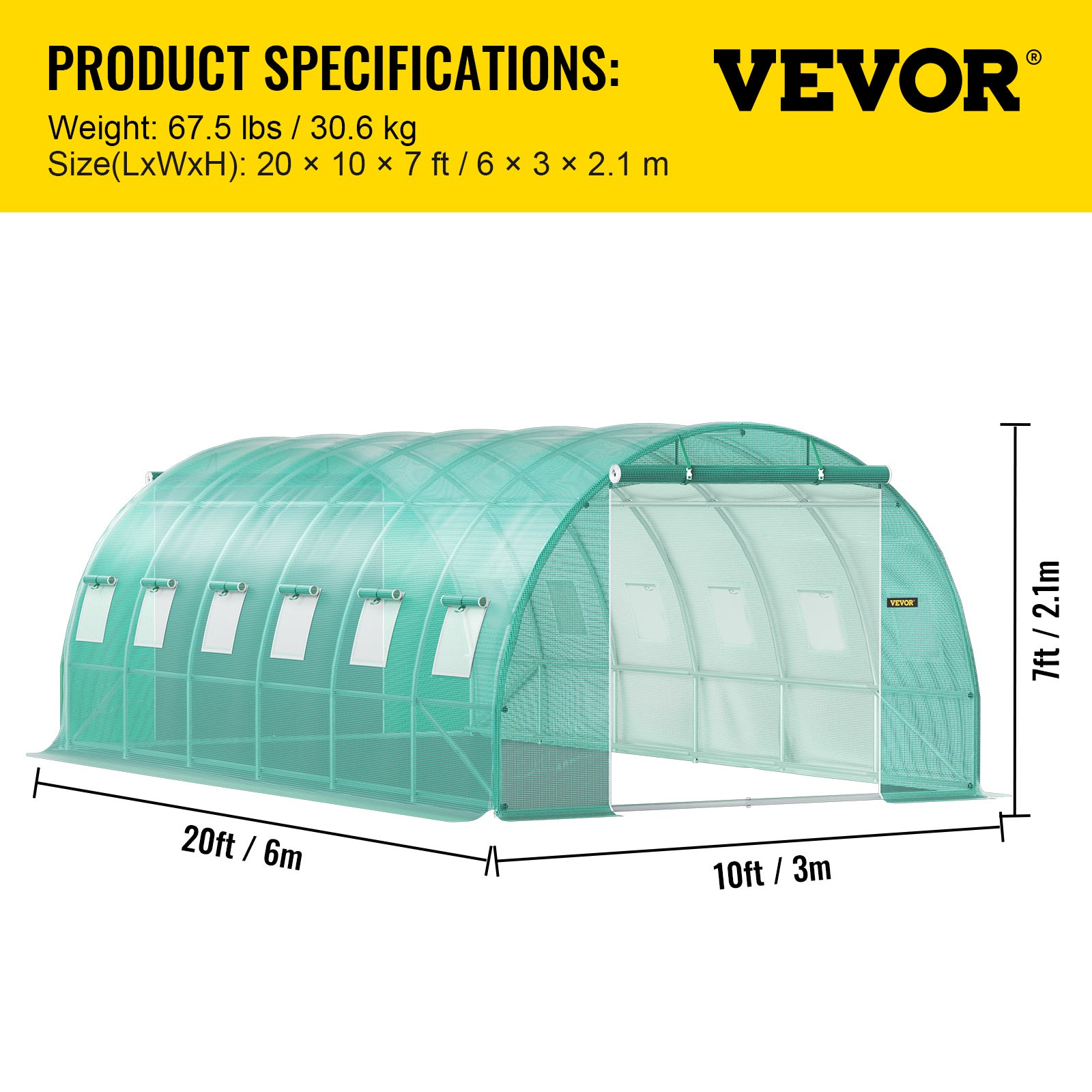 Serre Tunnel Jardin VEVOR 6,1x3x2,1 m Tente Abri Plantes Cadre en Acier Galvanise Couverture Etanche PE 3 Poutres Superieures 4 Poteaux Diagonaux 2 Po - 7