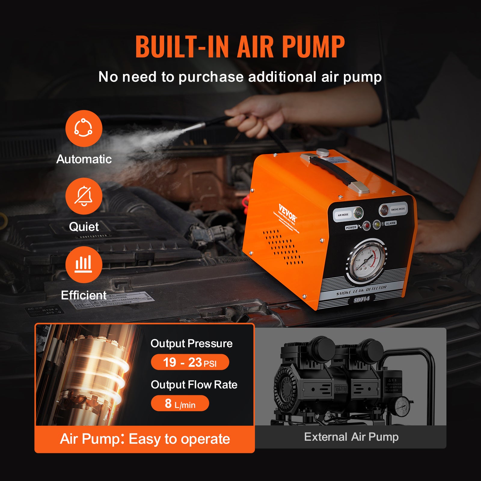 détecteur fuite de carburant,VEVOR 8L/min,Machine à fumée EVAP pour voiture,2 Modes,pompe à air et manomètre intégrés,testeur de fuite voiture - 3