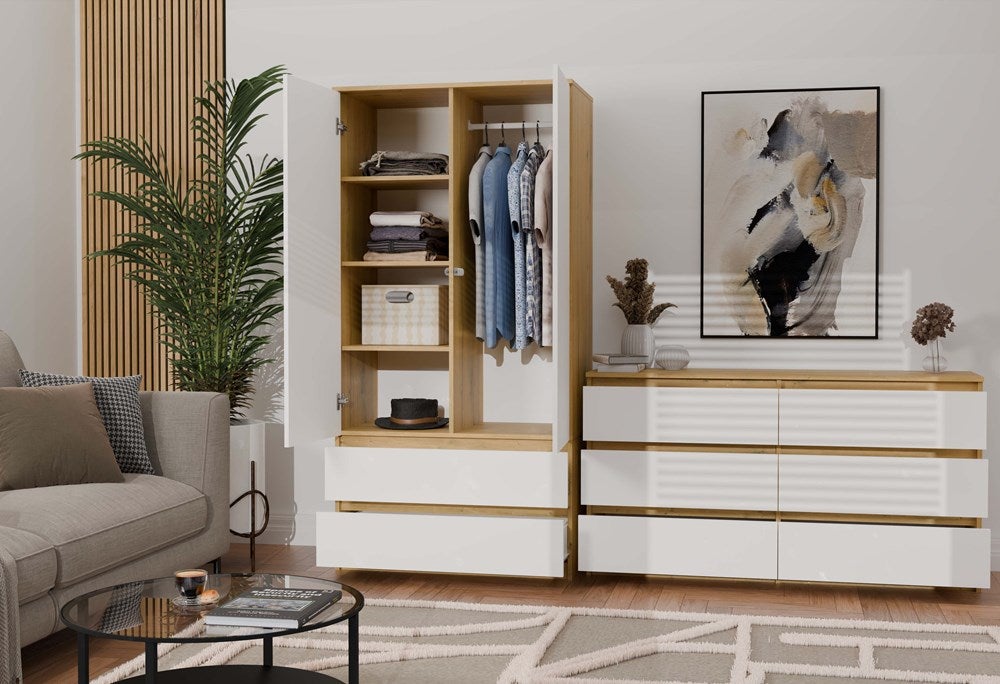 TURIN - Armoire de chambre - Penderie multifonctions - 2 portes + 2 tiroirs - Dressing - artisan et blanc - 9