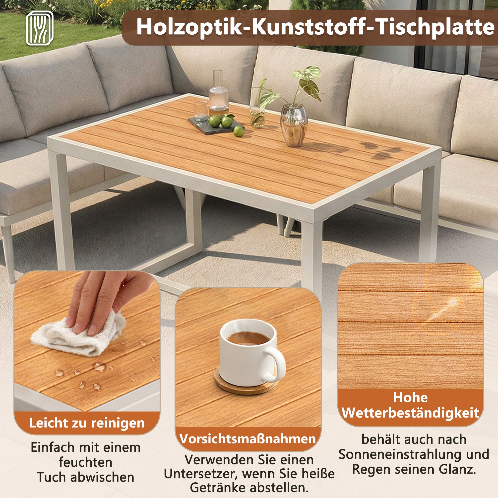 Ensemble de canapé de jardin 7 places,Canapé d'angle extérieur en forme de L avec coussin,main courante tressée,Ensemble de jardin imperméable,Beige - 4