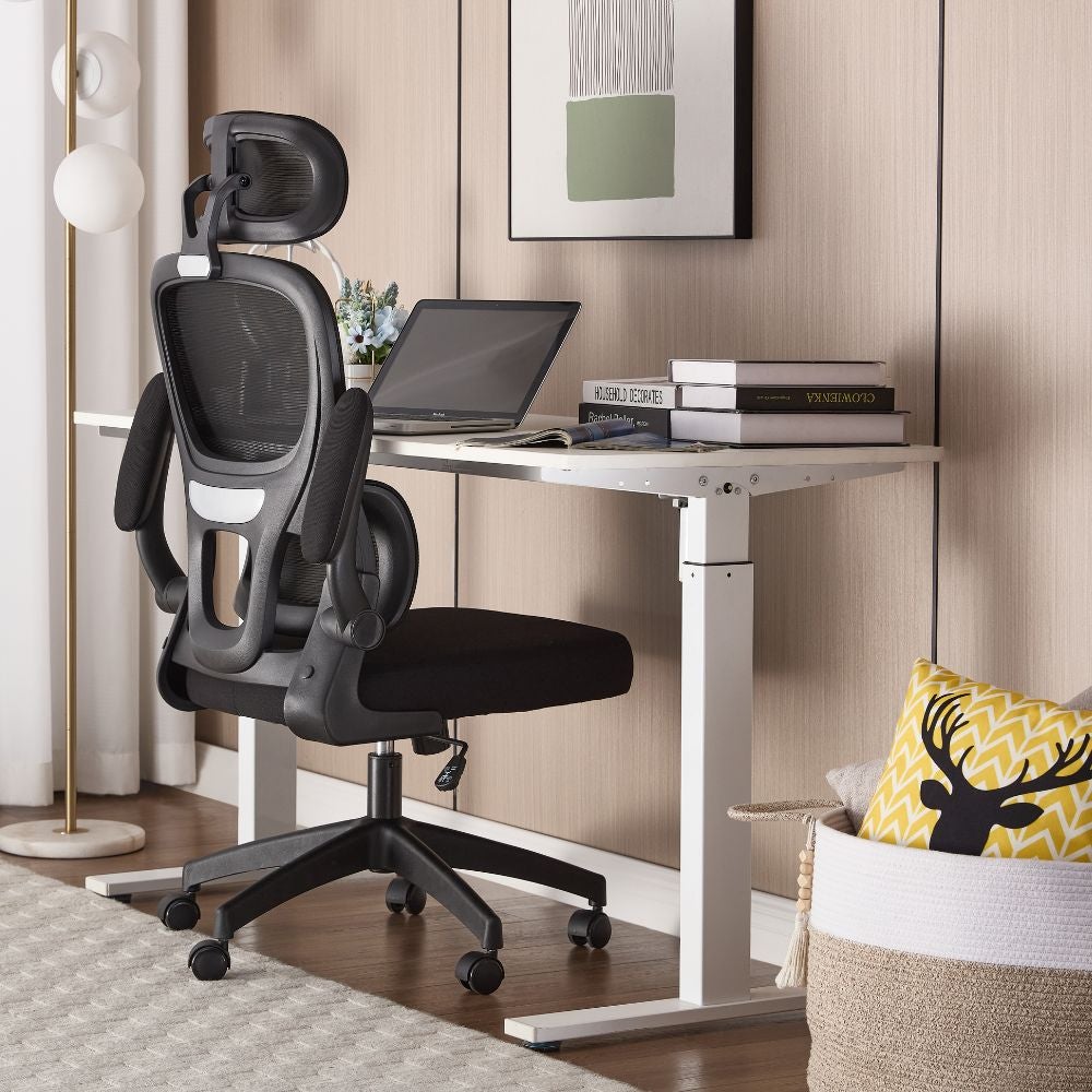 Chaise de bureau avec accoudoirs Fauteuil ergonomique pivotant avec support lombaire et appui-tête réglable, dossier pivotant - Noir - 9