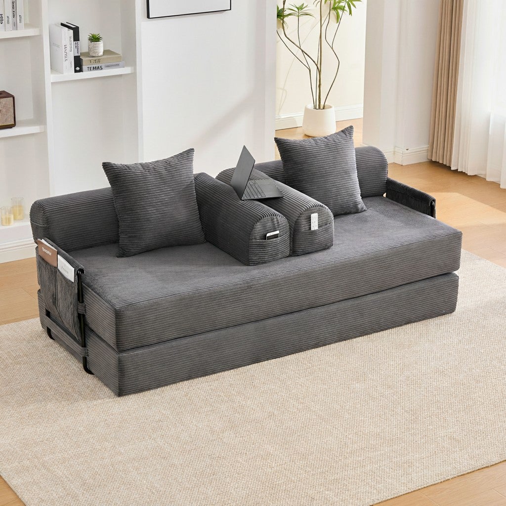 Canapé Modulaire Convertible Velours Côtelé Gris Foncé - Cadre Métal, 3 Coussins. Lit Salon Design Moderne 200cm - 3