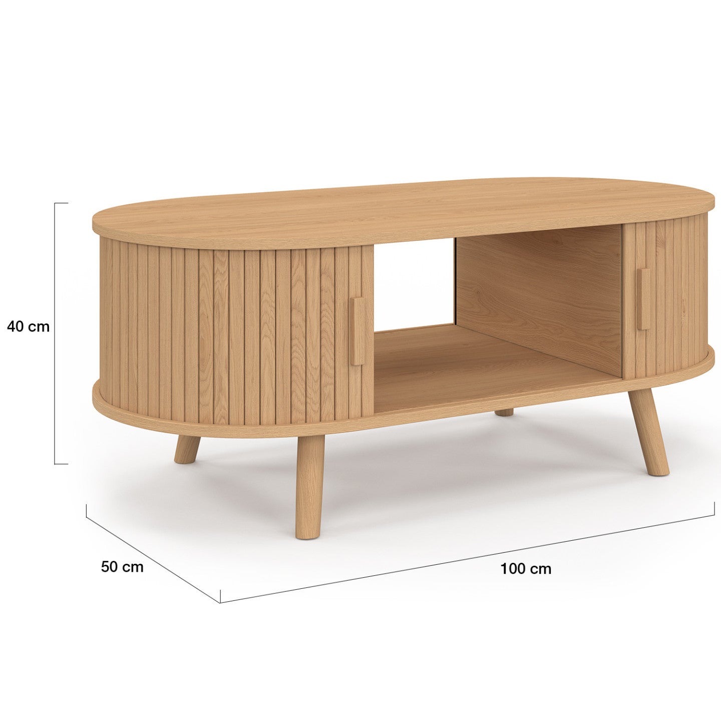Table basse ovale ROMIE 100 cm 2 portes coulissantes lattes tasseau bois coloris chêne - 5