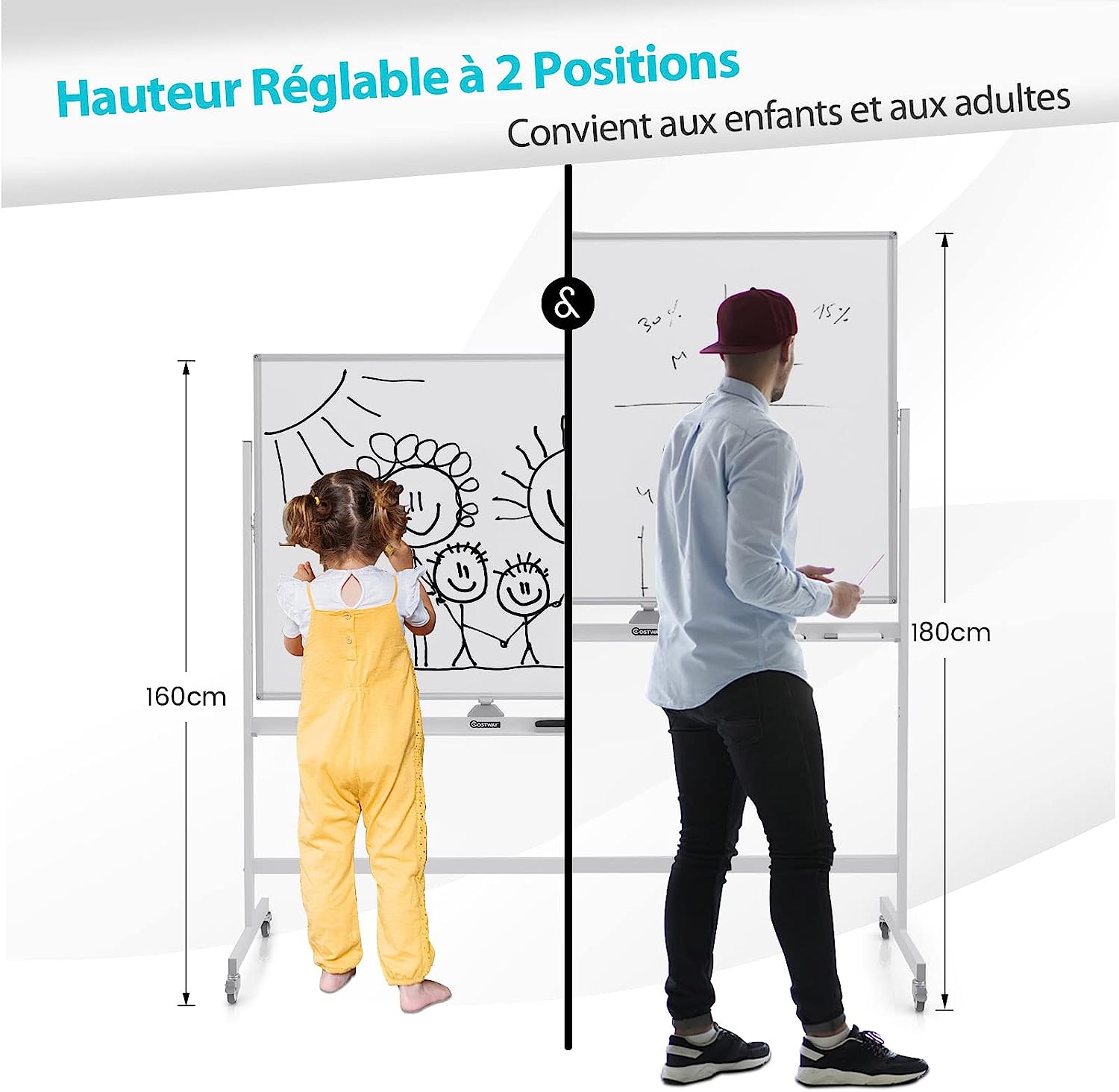 Tableau Blanc Effaçable sur Pied 120x90cm, Double Face, Tableau Blanc Magnétique, 2 Hauteurs Réglables, 4 Roulettes Verrouillables, Blanc - 4