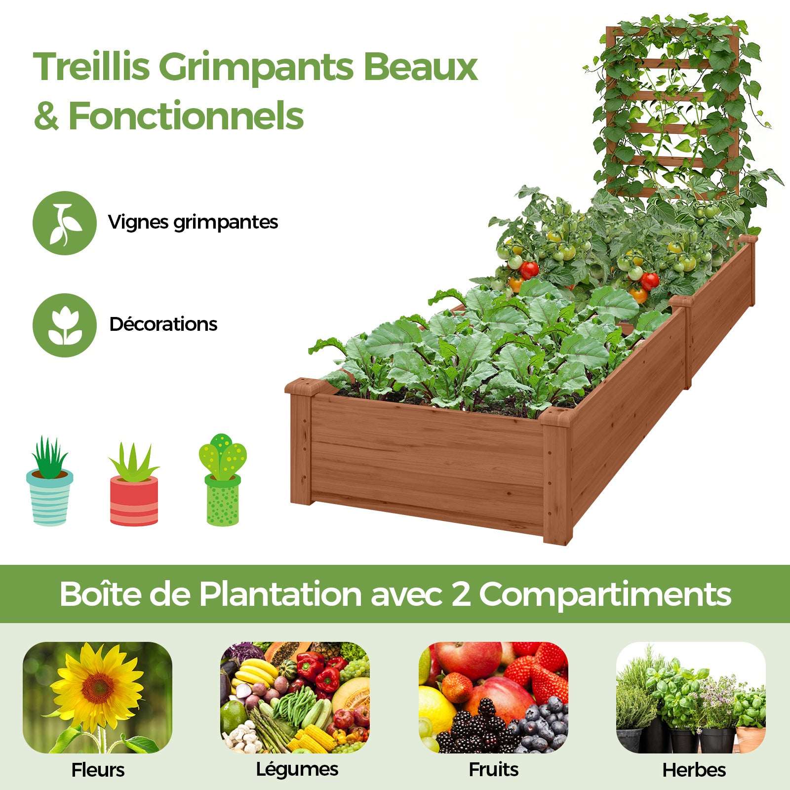 Jardinière avec Treillis en Bois avec Base Ouverte, 2 Bacs à Fleurs Extérieur pour Plante Grimpante, Lit de Jardin Surélevée, Marron - 6