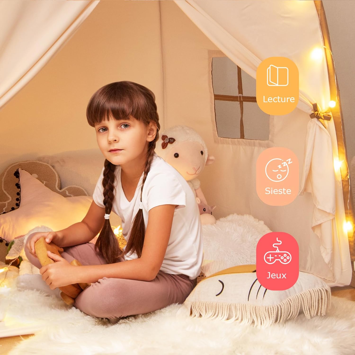 Tenda per bambini grande, casetta da gioco per bambini da interno ed esterno con luci, bandiere, 2 porte, 2 finestre, tenda indiana lavabile in lavatr - 4