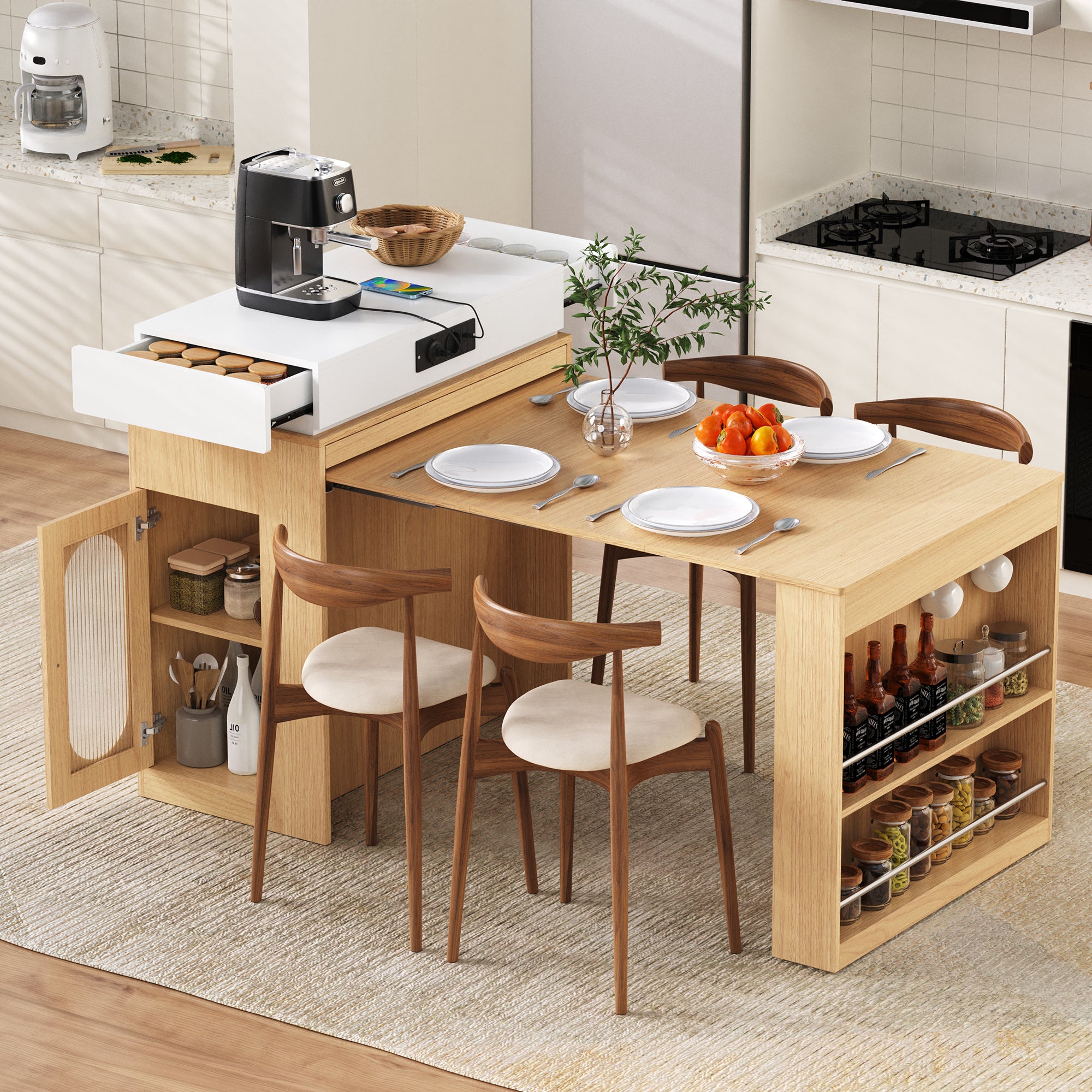 Isla de cocina con mesa extensible y enchufes integrados, 83 x 46-146,5 x 96 cm, mdf y cristal, natural