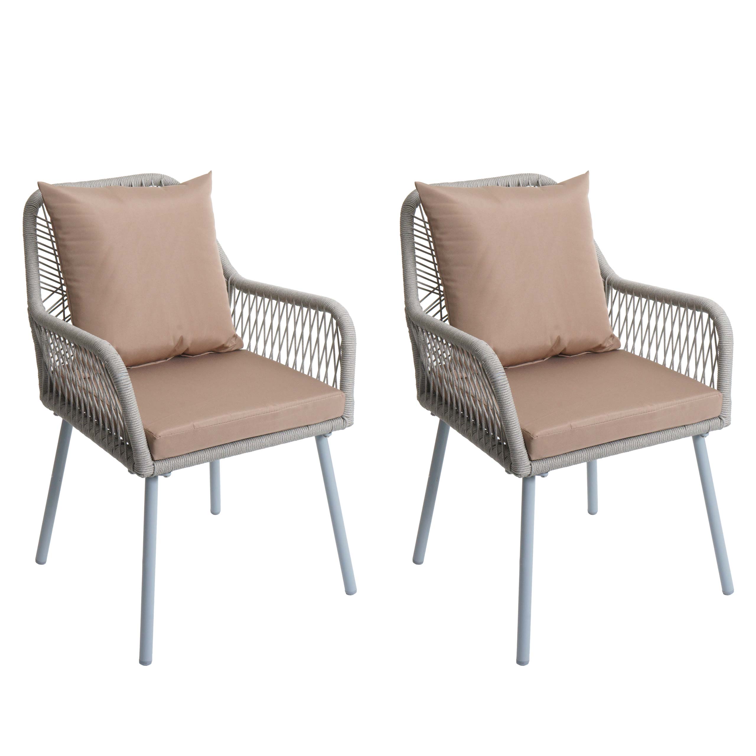 Zestaw 2 krzeseł ogrodowych HWC-O12, poduszka na siedzisko/oparcie, aluminiowy splot linowy Rope ~ szary, pokrowiec taupe