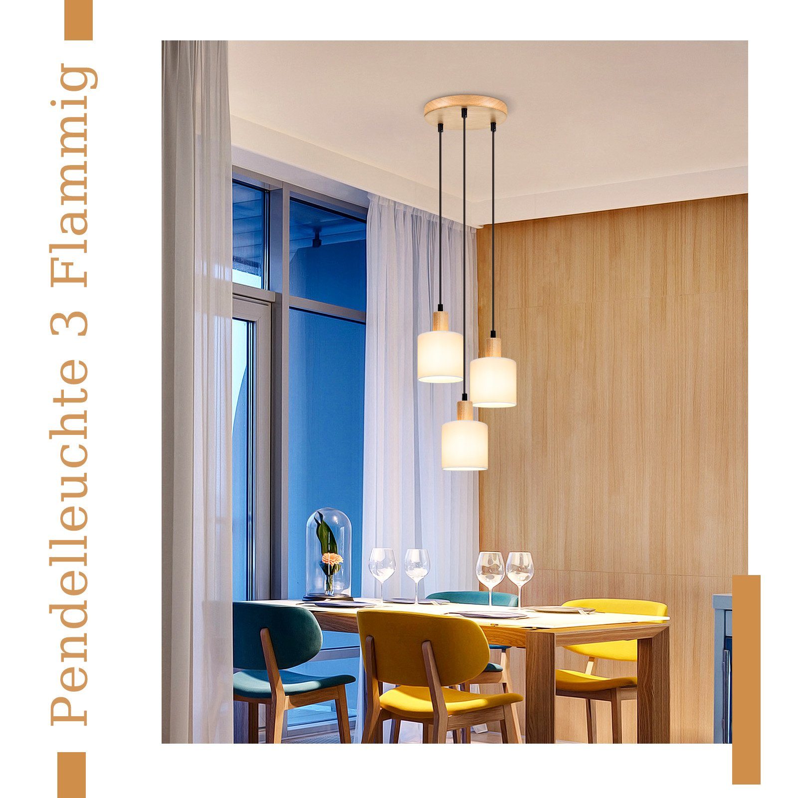 ZMH Lampada a sospensione in legno bianco, diametro 20 cm, E14, stile retrò, 3 lampadine rotonde. Adatto per sala da pranzo cucina sala da pranzo - 9