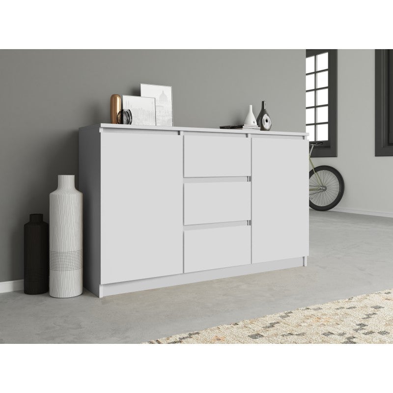 CAZAR - Commode moderne 2 portes + 3 tiroirs chambre/salon/bureau| Dimensions : 75x120x40 - Design minimaliste - Meuble fonctionnel - Blanc - 3