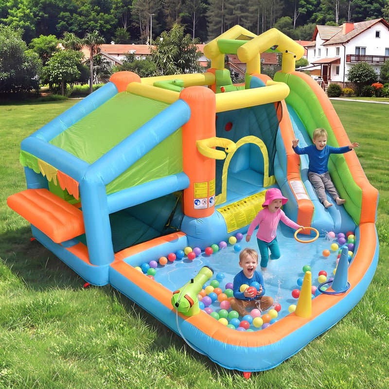 Plac zabaw 5 w 1 ze zjeżdżalnią, strefą do skakania, basenem wodnym, koszem do koszykówki – 360 x 315 x 210 cm – tkanina Oxford – wielokolorowy