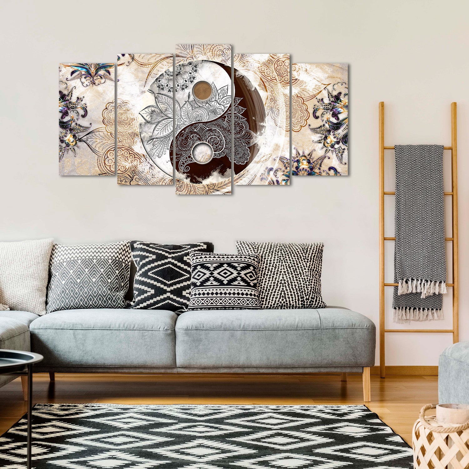 DekoArte - Impression Sur Toile Moderne | Décoration Pour Le Salon Ou Chambre | Ying Yang Zen Beige Marron | 150x80cm - 3