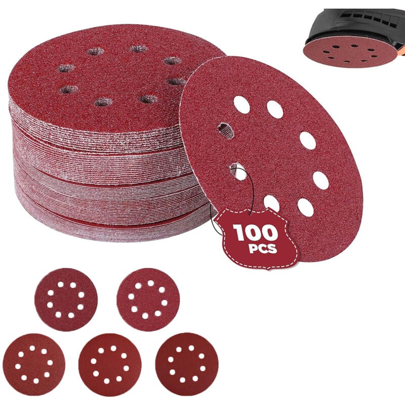 Zestaw 100 sztuk papieru ściernego do szlifierki mimośrodowej, Ø 125 mm, tarcze ścierne o gradacji 60/80/100/120/240 (20 tarcz na każdą gradację)