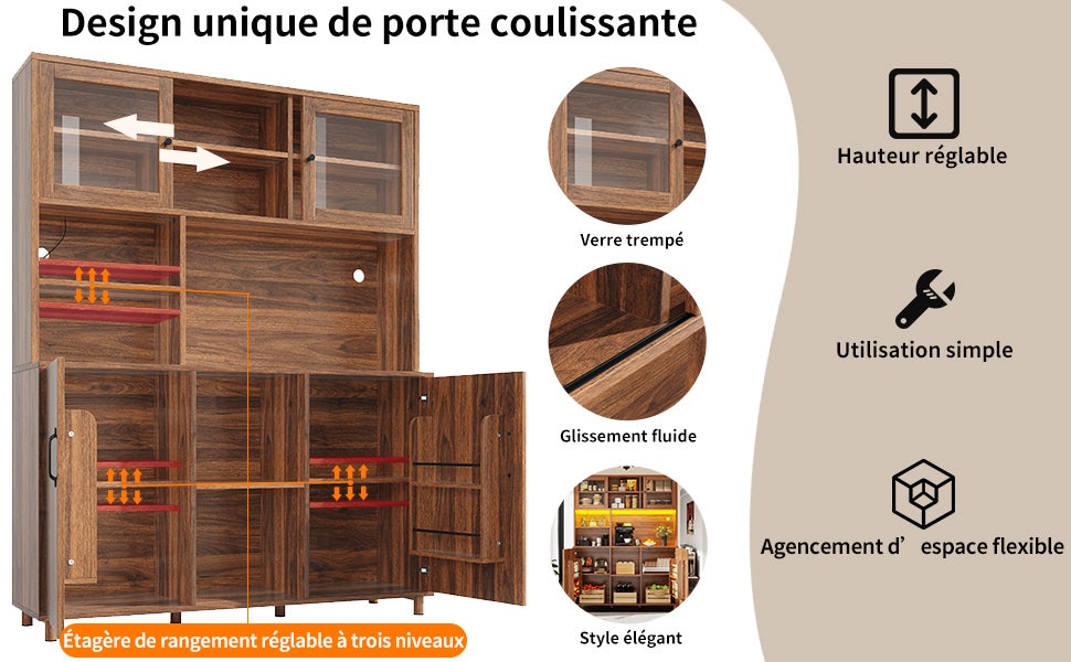 Armario alto para salón y cocina, MDF y vidrio, iluminación LED ...
