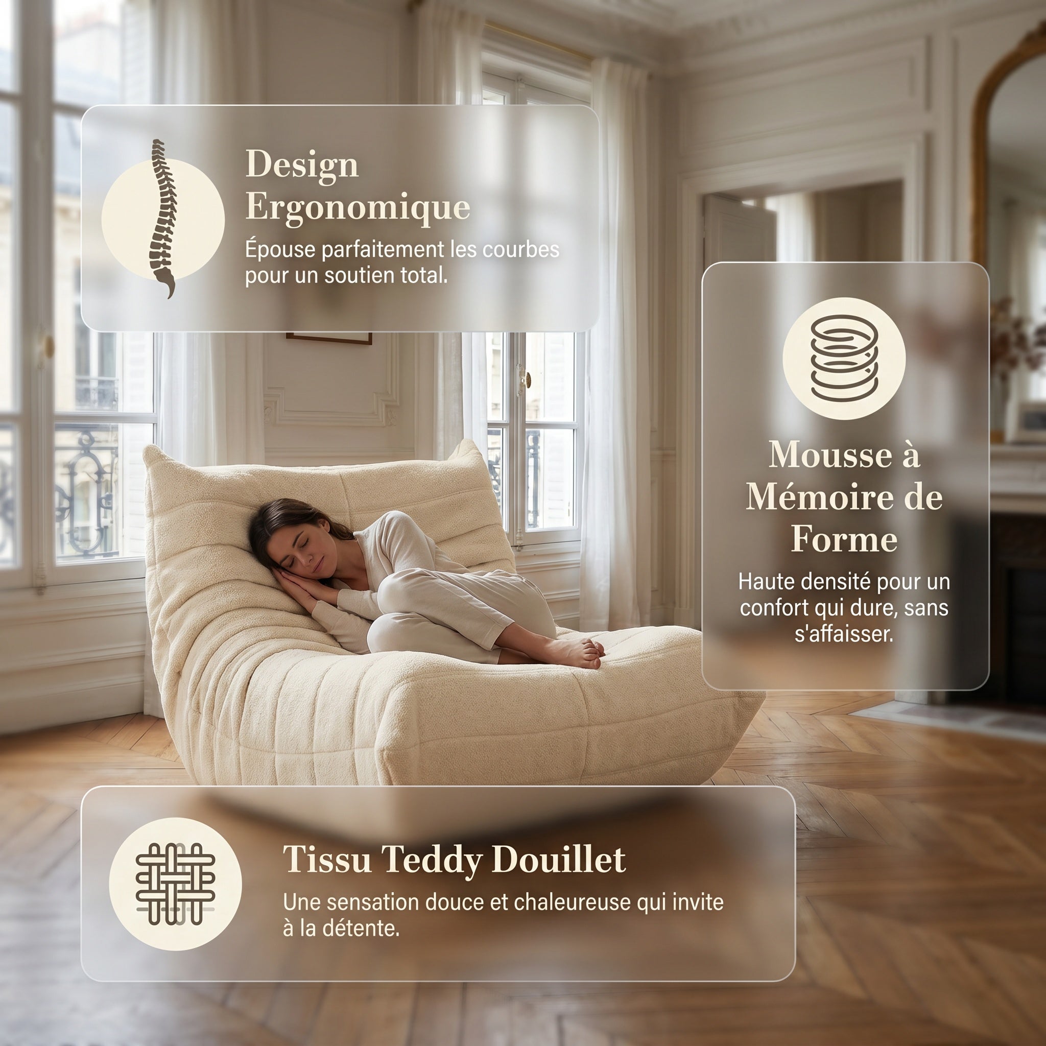 Pouf géant - Canapé de sol avec dossier - Fauteuil de lecture d'intérieur confortable XXL - Pour salon et chambre à coucher - 86 x 105 x 75 cm - Beige - 2