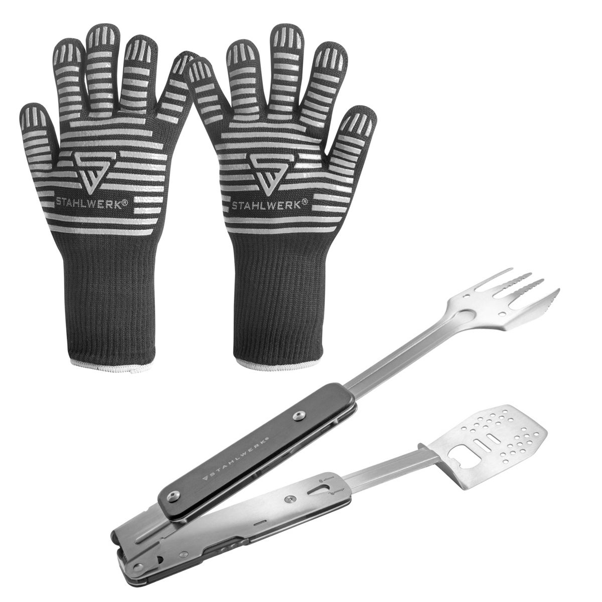 Set Barbecue STAHLWERK 4 In 1 - Pinze, Forchettone, Giratutto E Apribottiglie Con Guanti - Foto 1