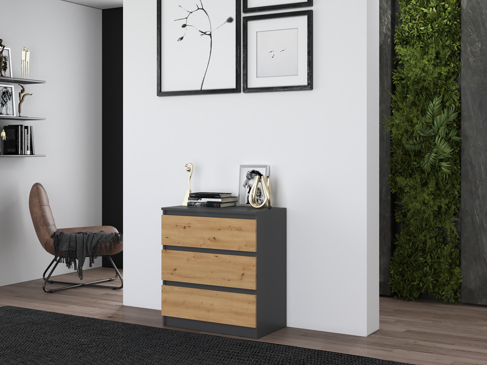 ASTER T3 - Commode de chambre 3 tiroirs - 77x70x40 - Meuble de rangement - Style Scandinave - Gris/Artisan - 8