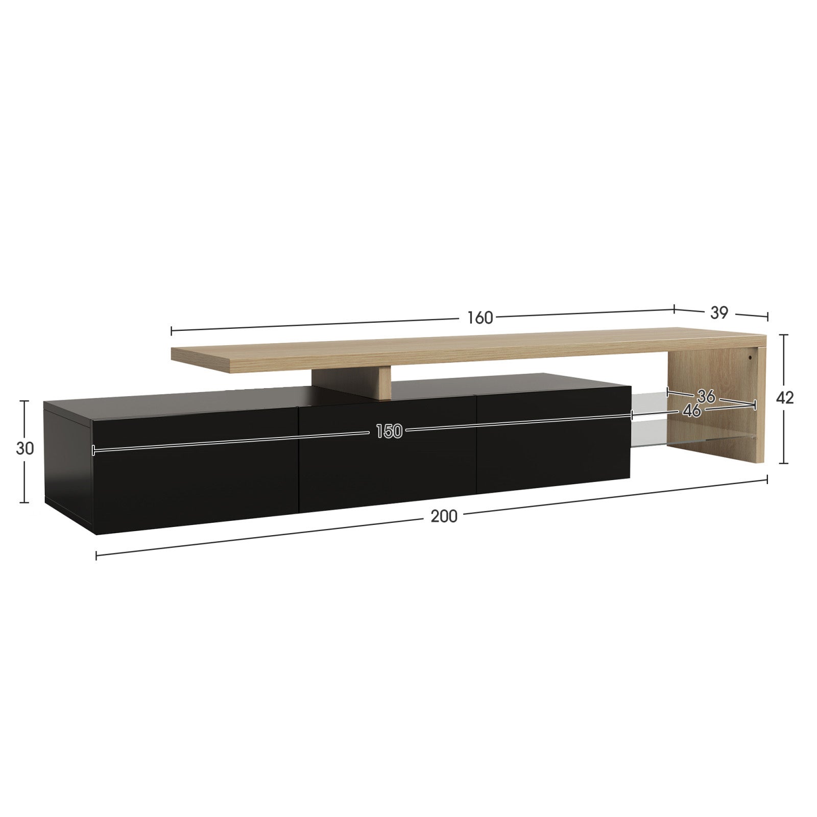 Meuble TV Moderne avec lumières LED Variables, 3 Portes et étagères en Verre – Noir - 4