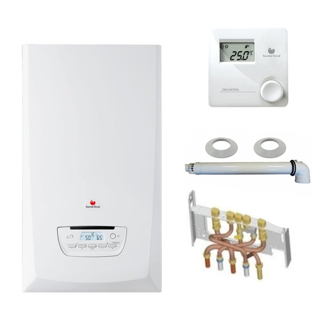Chaudière Gaz Condensation ThemaPlus Condens Saunier Duval 30 kW Complète (Ventouse + Douilles + Dosseret) avec Thermostat Filaire