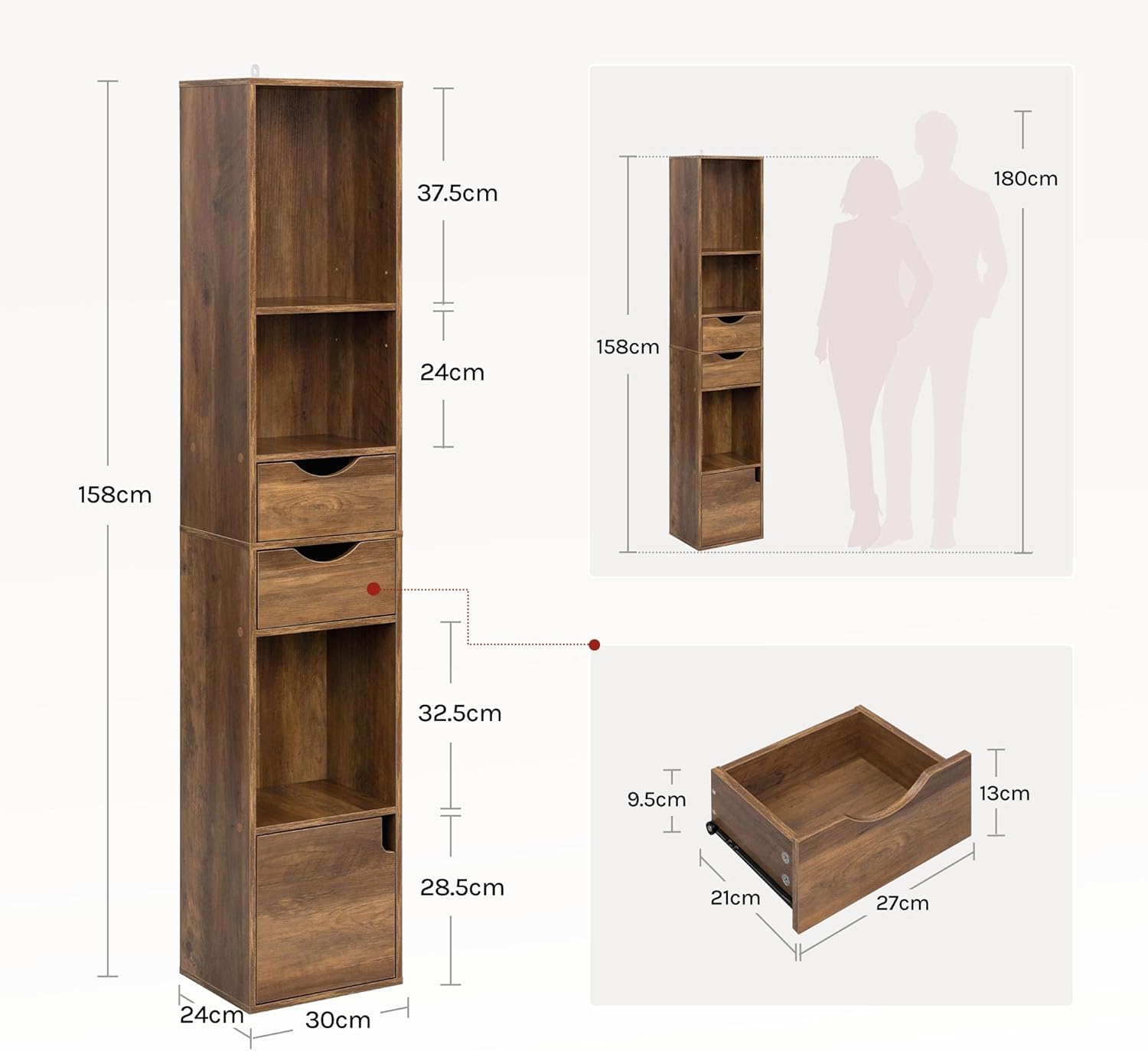 Bibliothèque Étagère Colonne WOLTU, Meuble de Rangement Polyvalent avec 2 Tiroirs, 1 Casier, 5 Compartiments Ouverts, 30x24x158cm, Chêne Brun - 4