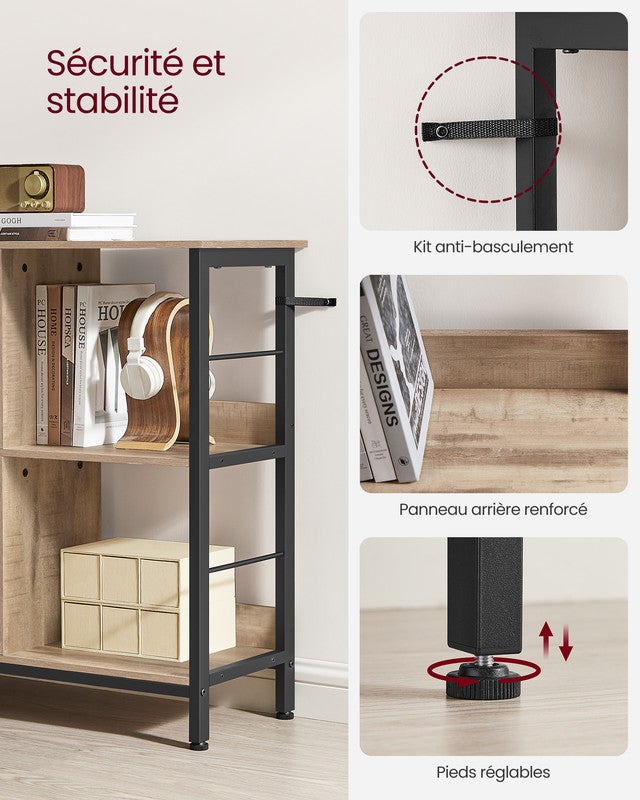 Meuble de Rangement 2 Niveaux, Étagère Rangement, Bibliothèque Style Industriel, 6 Cubes, 33 x 120 x 80 cm, Marron Camel et Noir d'Encre - 6