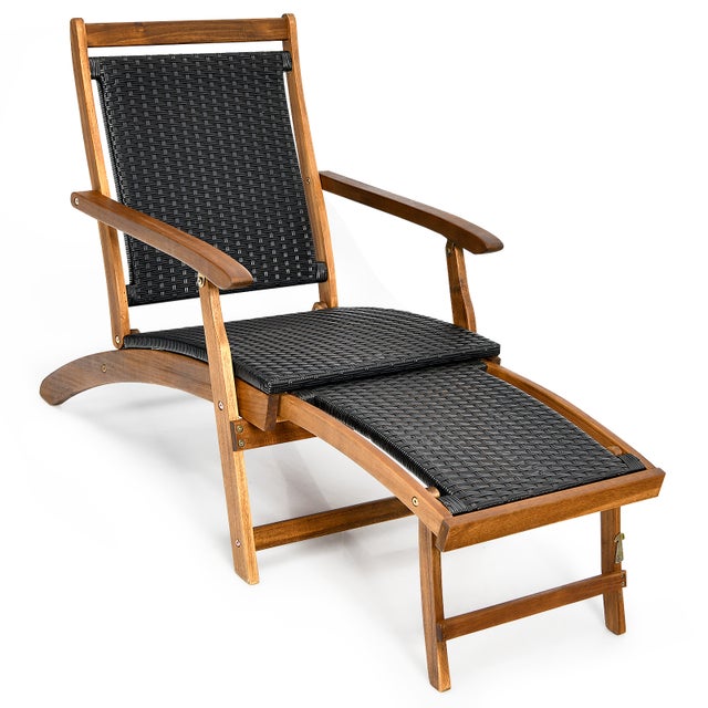 2 en 1 Tumbona Plegable de Ratán PE, Silla Tumbona de Madera de Acacia con Reposapiés Retráctil, Respaldo y Reposabrazos Ergonómicos, Sillón Terraza