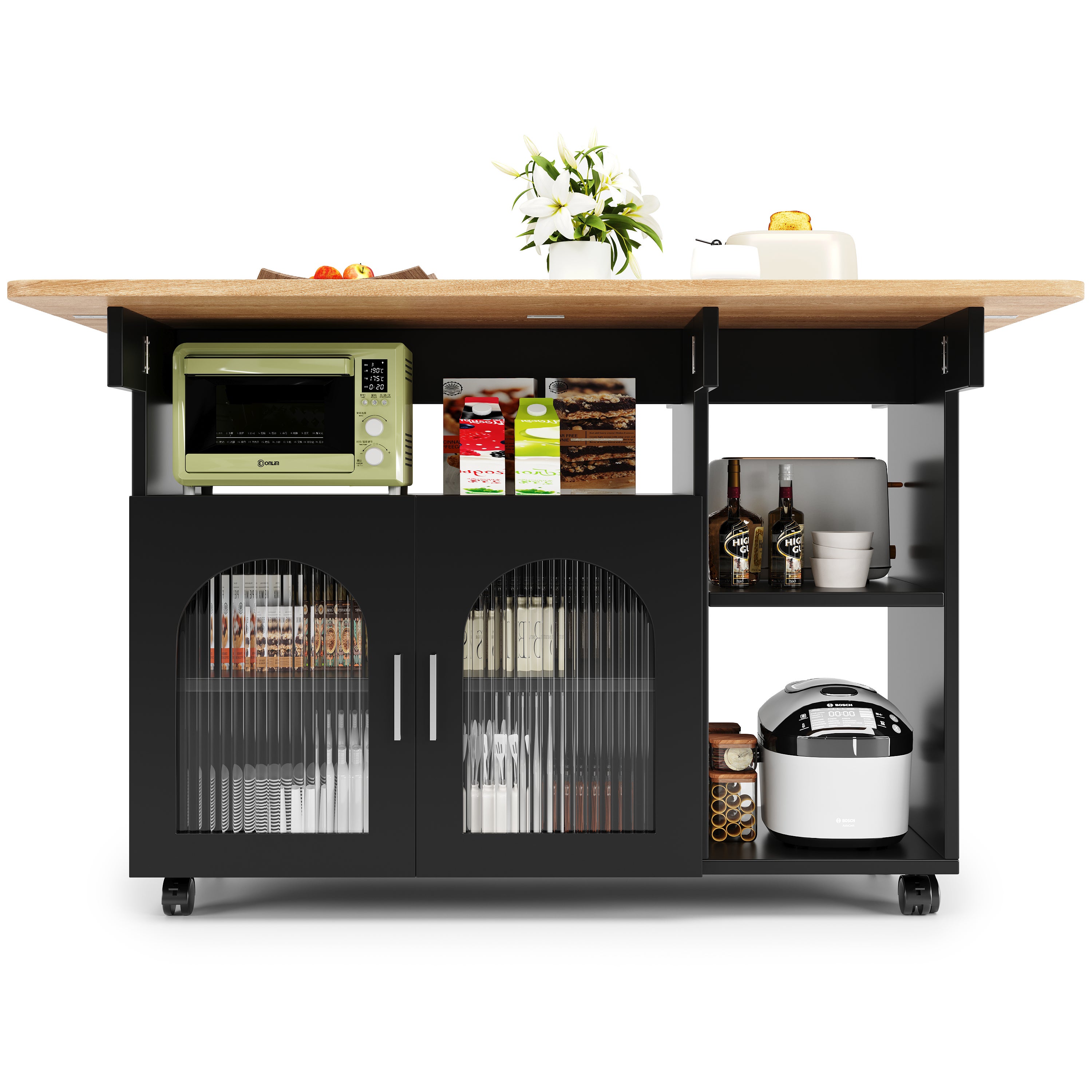 Ilot central de cuisine mobile avec 2 portes et étagères ouvertes - Plateau extensible - 120x30(70)x79.5cm - Bois MDF - Noir et naturel - 7